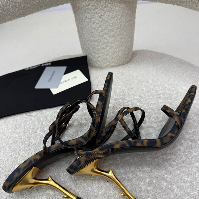 YSL 25S STRAPPY HIGH-HEEL SANDALS 95 MM IN LEOPARD PRINT LAMBSKIN