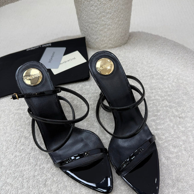 YSL 25S STRAPPY HIGH-HEEL SANDALS 95 MM IN BLACK SHINY LAMBSKIN