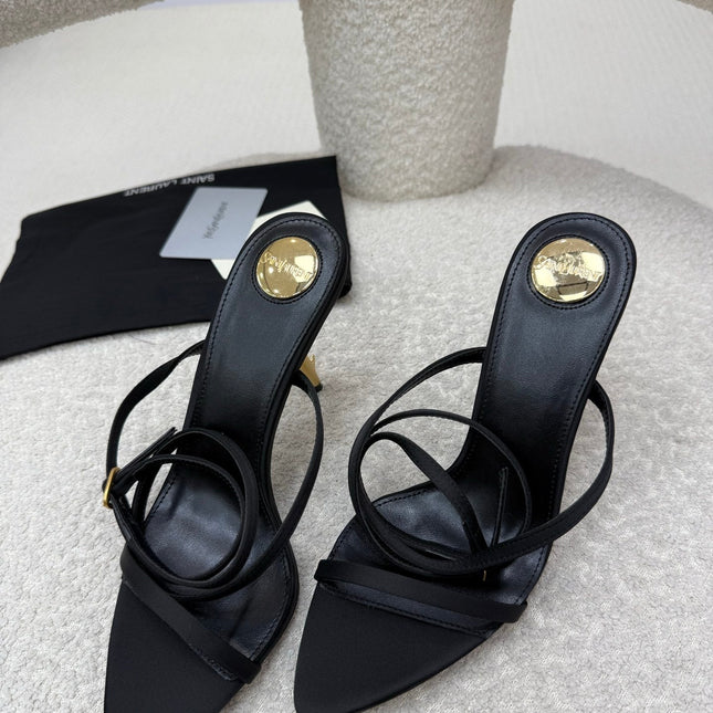 YSL 25S STRAPPY HIGH-HEEL SANDALS 95 MM IN BLACK LAMBSKIN