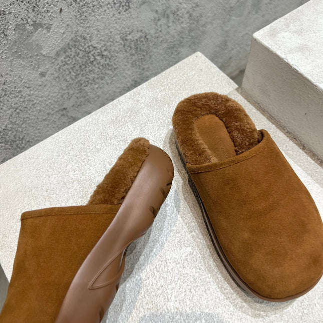 SNAP SLIPPER IN BRONZE BROWN SUEDE AND SHEARLING LINING