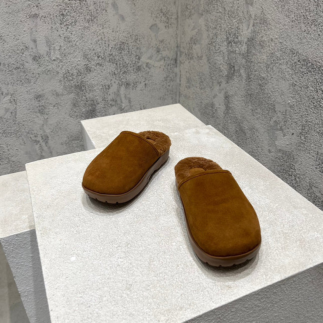 SNAP SLIPPER IN BRONZE BROWN SUEDE AND SHEARLING LINING