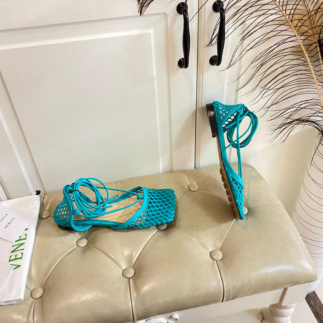 STRETCH LACE-UP FLAT SANDAL IN CERULEAN BLUE METALLIZED MESH AND LEATHER