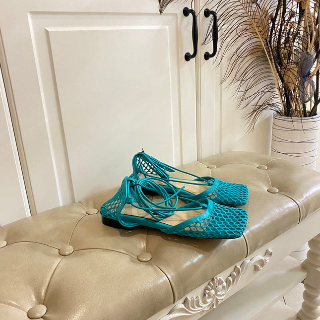 STRETCH LACE-UP FLAT SANDAL IN CERULEAN BLUE METALLIZED MESH AND LEATHER