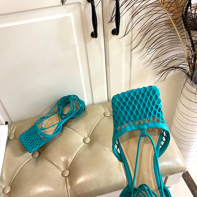 STRETCH LACE-UP FLAT SANDAL IN CERULEAN BLUE METALLIZED MESH AND LEATHER