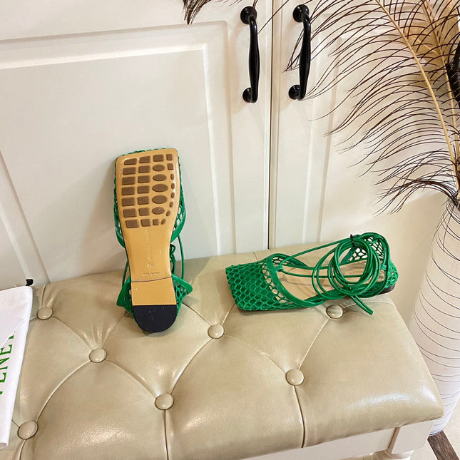 STRETCH LACE-UP FLAT SANDAL IN COOL GREEN METALLIZED MESH AND LEATHER