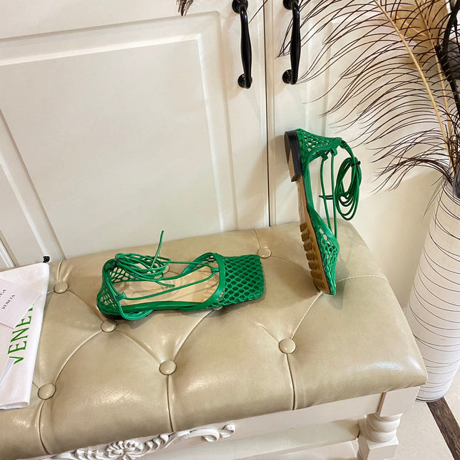 STRETCH LACE-UP FLAT SANDAL IN COOL GREEN METALLIZED MESH AND LEATHER