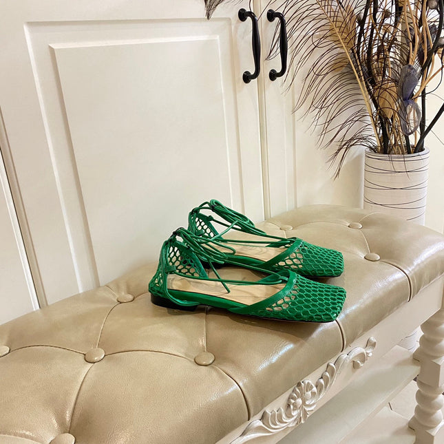 STRETCH LACE-UP FLAT SANDAL IN COOL GREEN METALLIZED MESH AND LEATHER