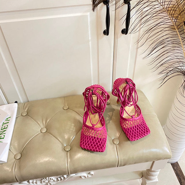 STRETCH LACE-UP SANDAL IN BRIGHT PINK METALLIZED MESH AND LEATHER 9 CM