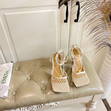 STRETCH LACE-UP HIGH HEELS IN WHITE CREAM METALLIZED MESH AND LEATHER