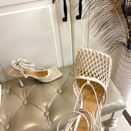 STRETCH LACE-UP HIGH HEELS IN WHITE CREAM METALLIZED MESH AND LEATHER