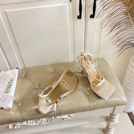 STRETCH LACE-UP HIGH HEELS IN WHITE CREAM METALLIZED MESH AND LEATHER