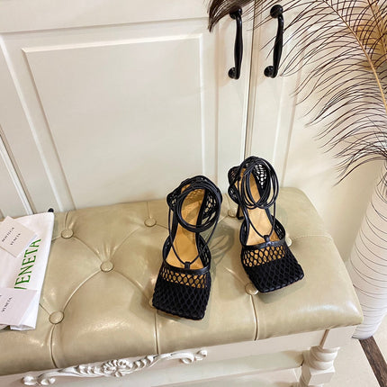 STRETCH LACE-UP SANDAL IN BLACK METALLIZED MESH AND LEATHER 9 CM