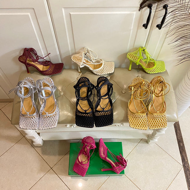 STRETCH LACE-UP SANDAL IN BLACK METALLIZED MESH AND LEATHER 9 CM