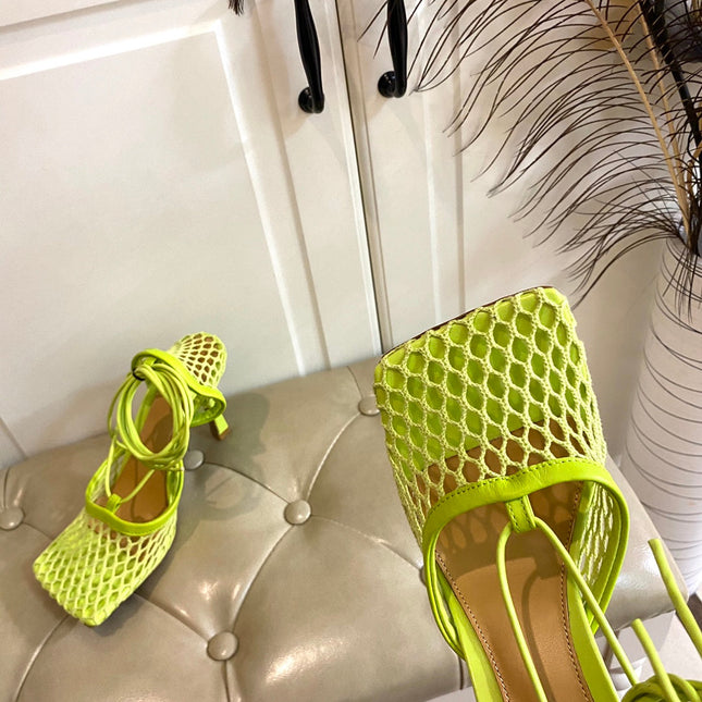STRETCH LACE-UP SANDAL IN NEON GREEN METALLIZED MESH AND LEATHER 9 CM