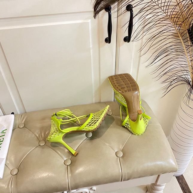 STRETCH LACE-UP SANDAL IN NEON GREEN METALLIZED MESH AND LEATHER 9 CM
