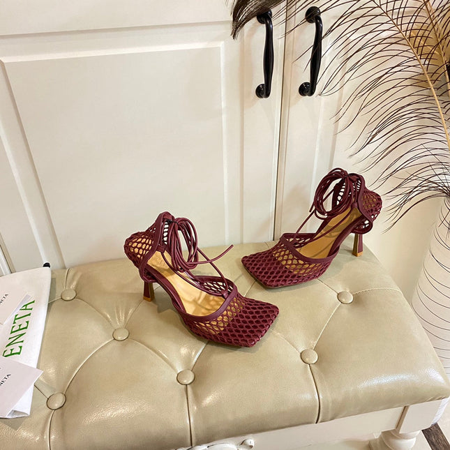 STRETCH LACE-UP SANDAL IN WINE RED METALLIZED MESH AND LEATHER 9 CM