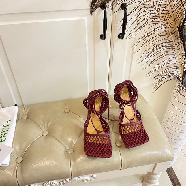 STRETCH LACE-UP SANDAL IN WINE RED METALLIZED MESH AND LEATHER 9 CM