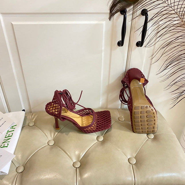 STRETCH LACE-UP SANDAL IN WINE RED METALLIZED MESH AND LEATHER 9 CM