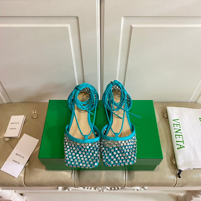 LACE-UP FLAT SANDAL IN CERULEAN BLUE METALLIZED MESH AND LEATHER WITH RHINSTONES