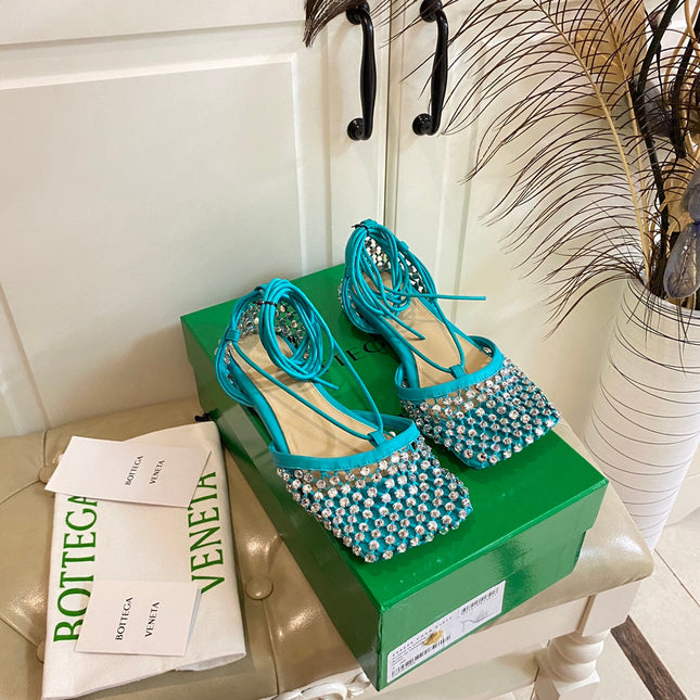 LACE-UP FLAT SANDAL IN CERULEAN BLUE METALLIZED MESH AND LEATHER WITH RHINSTONES