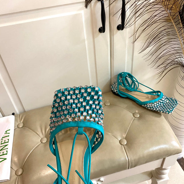 LACE-UP FLAT SANDAL IN CERULEAN BLUE METALLIZED MESH AND LEATHER WITH RHINSTONES