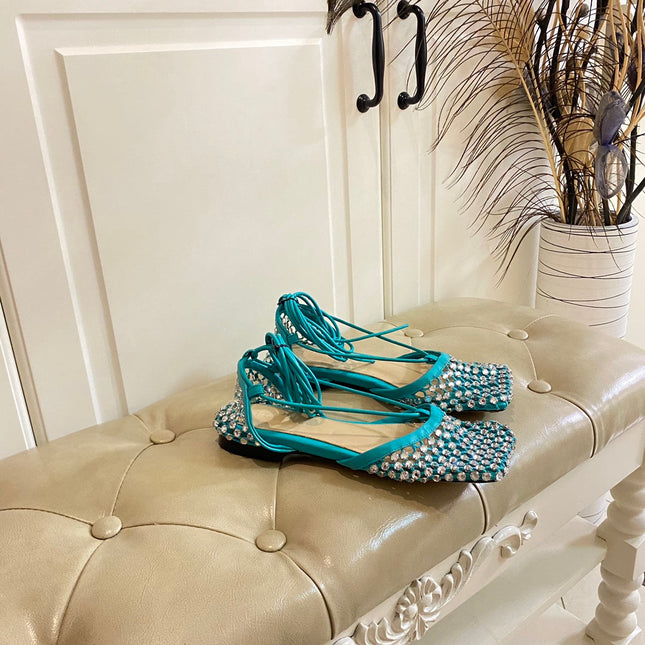 LACE-UP FLAT SANDAL IN CERULEAN BLUE METALLIZED MESH AND LEATHER WITH RHINSTONES