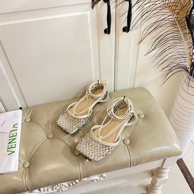 LACE-UP FLAT SANDAL IN WHITE CREAM METALLIZED MESH AND LEATHER WITH RHINSTONES