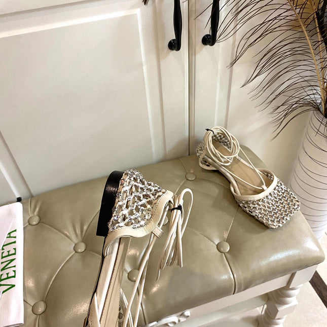 LACE-UP FLAT SANDAL IN WHITE CREAM METALLIZED MESH AND LEATHER WITH RHINSTONES