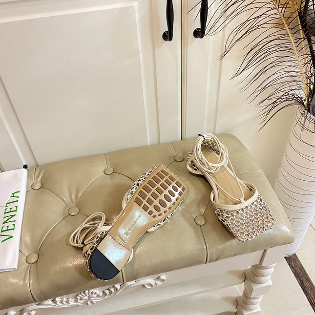 LACE-UP FLAT SANDAL IN WHITE CREAM METALLIZED MESH AND LEATHER WITH RHINSTONES