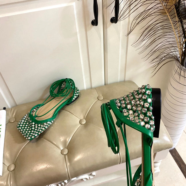 LACE-UP FLAT SANDAL IN COOL GREEN METALLIZED MESH AND LEATHER WITH RHINSTONES