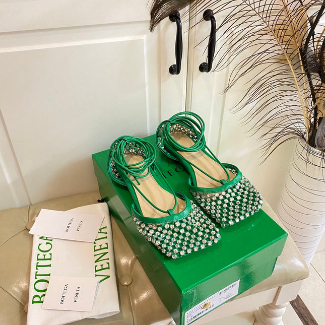 LACE-UP FLAT SANDAL IN COOL GREEN METALLIZED MESH AND LEATHER WITH RHINSTONES
