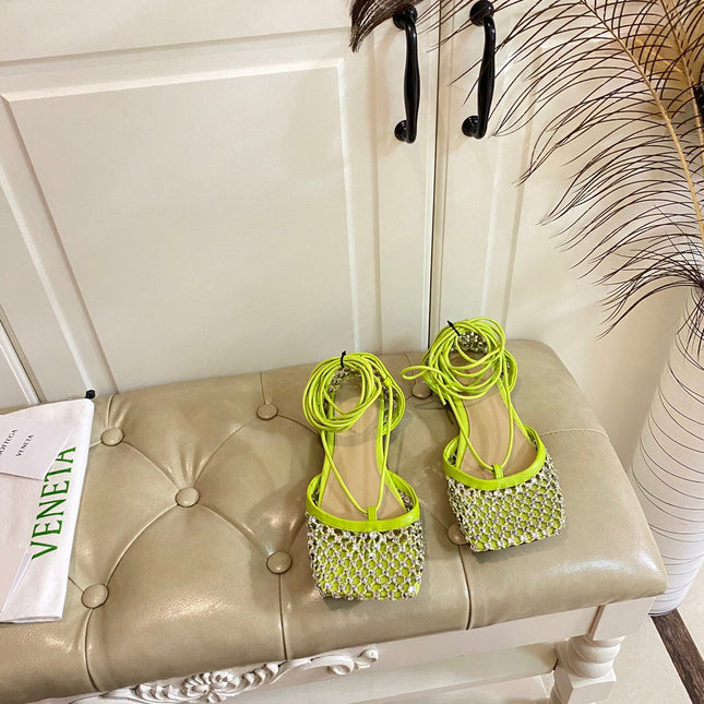 LACE-UP FLAT SANDAL IN NEON YELLOW METALLIZED MESH AND LEATHER WITH RHINSTONES