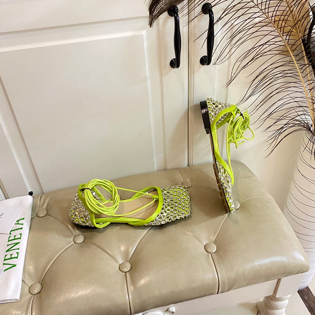 LACE-UP FLAT SANDAL IN NEON YELLOW METALLIZED MESH AND LEATHER WITH RHINSTONES