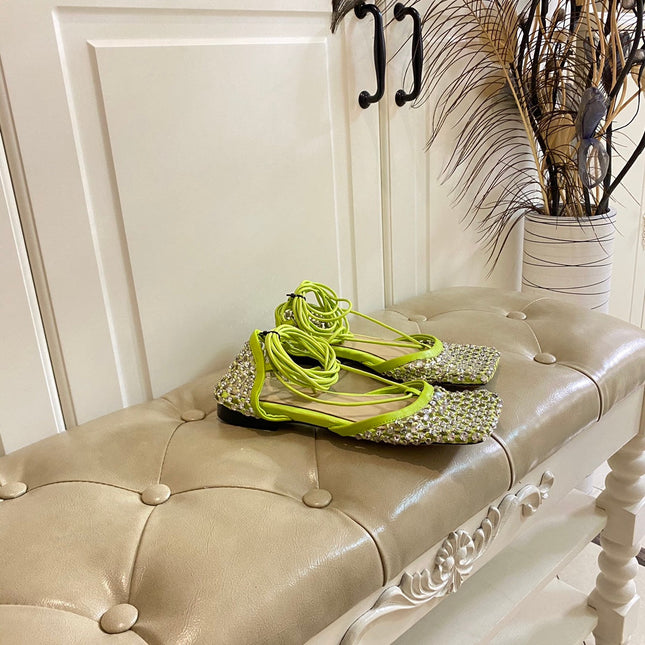 LACE-UP FLAT SANDAL IN NEON YELLOW METALLIZED MESH AND LEATHER WITH RHINSTONES