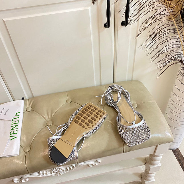 LACE-UP FLAT SANDAL IN SILVER METALLIZED MESH AND LEATHER WITH RHINSTONES