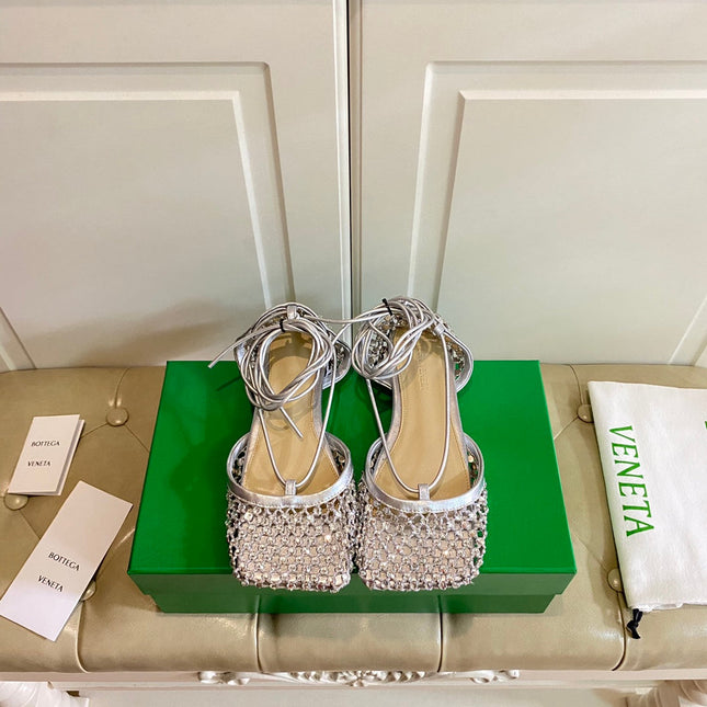 LACE-UP FLAT SANDAL IN SILVER METALLIZED MESH AND LEATHER WITH RHINSTONES