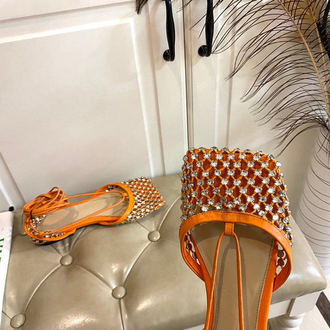 LACE-UP FLAT SANDAL IN VIVID ORANGE METALLIZED MESH AND LEATHER WITH RHINSTONES