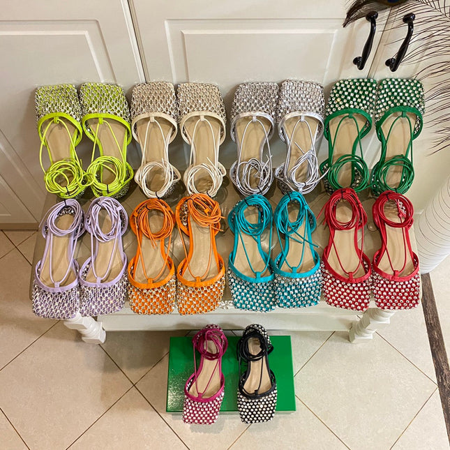 LACE-UP FLAT SANDAL IN LIGHT PURPLE METALLIZED MESH AND LEATHER WITH RHINSTONES