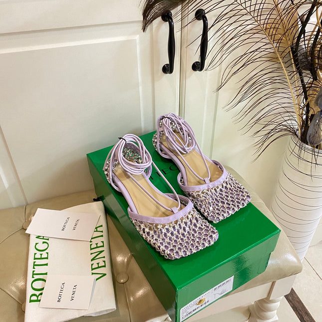 LACE-UP FLAT SANDAL IN LIGHT PURPLE METALLIZED MESH AND LEATHER WITH RHINSTONES