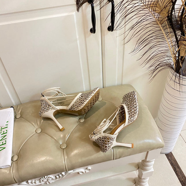 LACE-UP SANDAL IN WHITE CREAM METALLIZED MESH AND LEATHER WITH RHINSTONES 9 CM