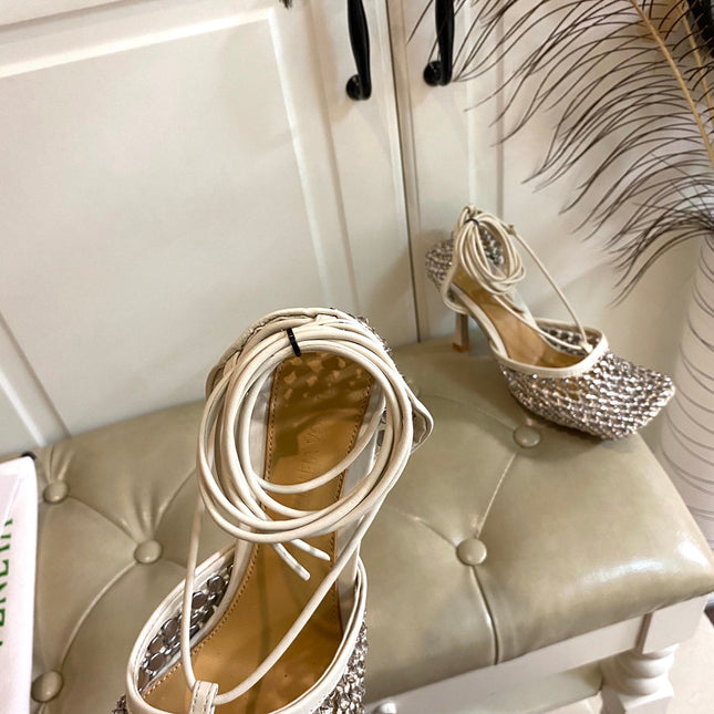 LACE-UP SANDAL IN WHITE CREAM METALLIZED MESH AND LEATHER WITH RHINSTONES 9 CM