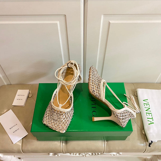 LACE-UP SANDAL IN WHITE CREAM METALLIZED MESH AND LEATHER WITH RHINSTONES 9 CM