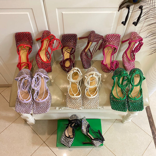 LACE-UP SANDAL IN BLACK METALLIZED MESH AND LEATHER WITH RHINSTONES 9 CM