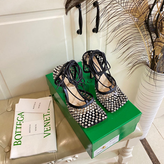 LACE-UP SANDAL IN BLACK METALLIZED MESH AND LEATHER WITH RHINSTONES 9 CM