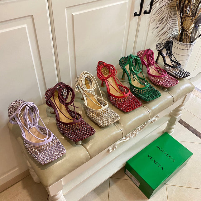 LACE-UP SANDAL IN SANGRIA RED METALLIZED MESH AND LEATHER WITH RHINSTONES 9 CM