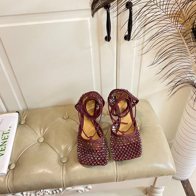 LACE-UP SANDAL IN SANGRIA RED METALLIZED MESH AND LEATHER WITH RHINSTONES 9 CM