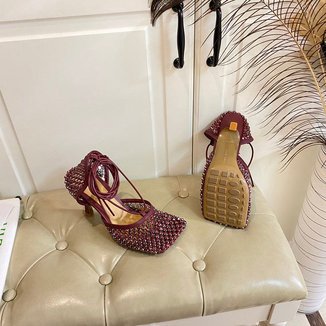 LACE-UP SANDAL IN SANGRIA RED METALLIZED MESH AND LEATHER WITH RHINSTONES 9 CM