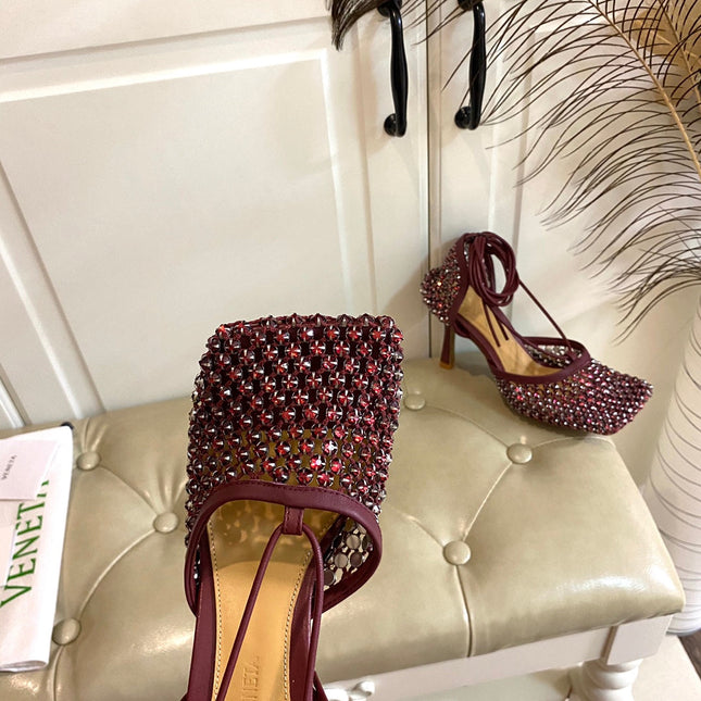 LACE-UP SANDAL IN SANGRIA RED METALLIZED MESH AND LEATHER WITH RHINSTONES 9 CM