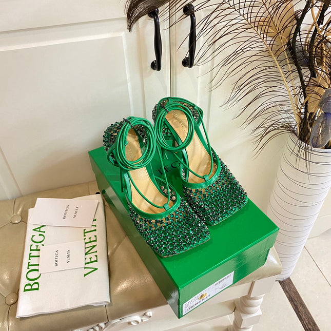 LACE-UP SANDAL IN COOL GREEN METALLIZED MESH AND LEATHER WITH RHINSTONES 9 CM