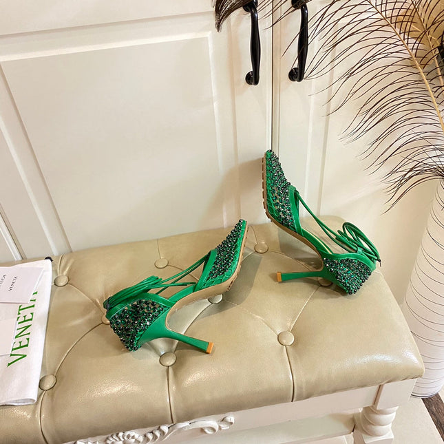 LACE-UP SANDAL IN COOL GREEN METALLIZED MESH AND LEATHER WITH RHINSTONES 9 CM